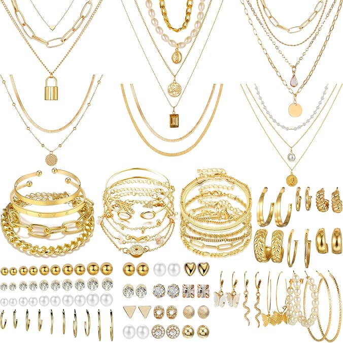 NEWITIN 69 Pcs Gold Jewelry Set for Women Hypoallergenic Bohemian Jewelry Fashion Costume Jewelry, Gold Plated Necklace Bracelet Earrings Set for Women, Party Daily Prom Beach Jewelry Set, Women Gift