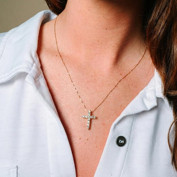 Lab Grown Diamond Cross Necklace in 10K Solid Gold (0.25–1 ct. tw.) with 18-inch Box Chain